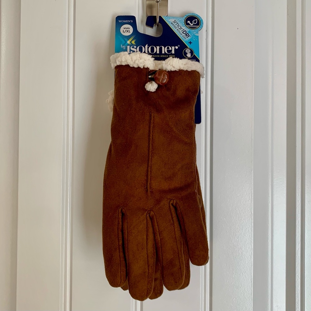 Isotoner Microsuede Water Resistant Brown Winter Gloves Size L/XL, Fleece Lining